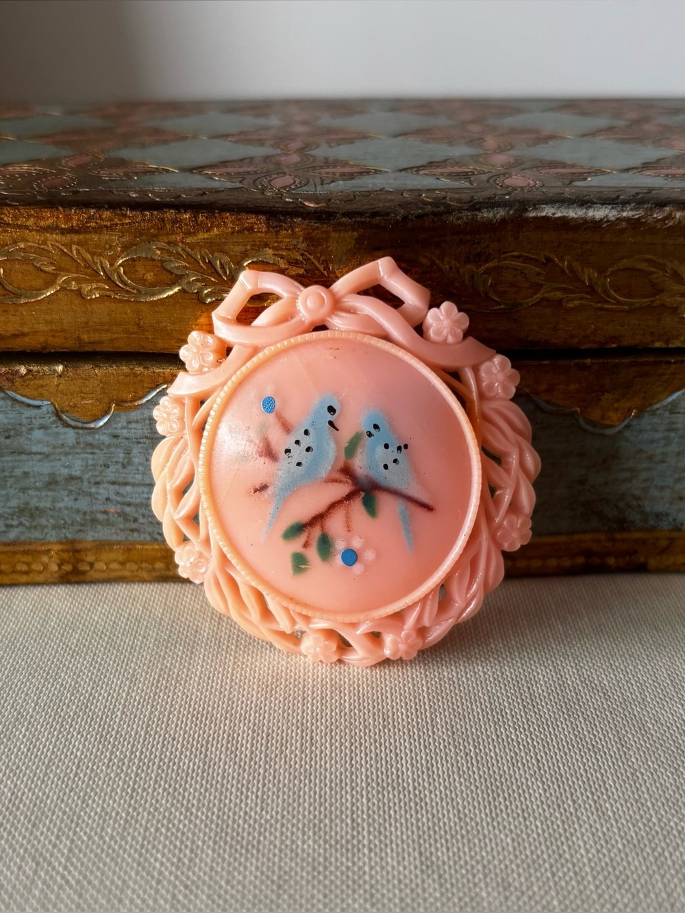 Vintage Pink Early Plastic Hand-painted Bluebirds Brooch